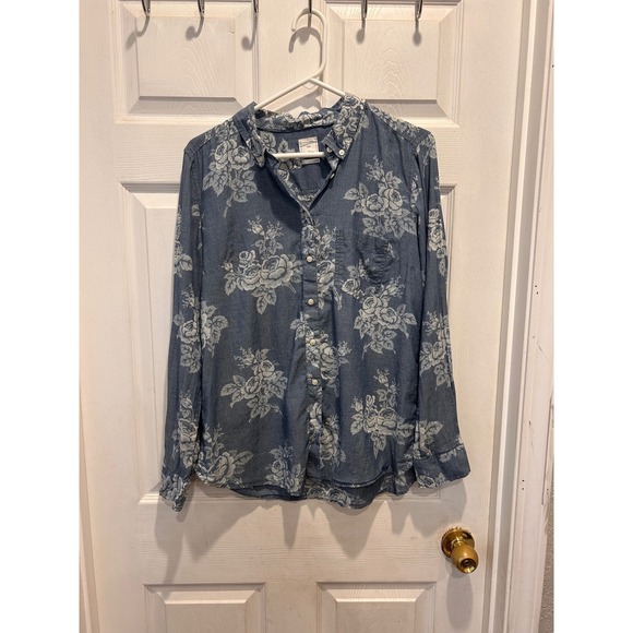 Gap The Tailored Shirt Womens L Blue Floral Long Sleeve Button Down Blouse Top - Picture 1 of 8